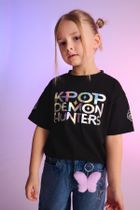 Cool Club, Luźny t-shirt dziewczęcy, czarny, K-Pop Demon Hunters