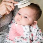 Nuvita, zestaw na ciemieniuchę: szczotka i grzebień, naturalne włosie, powder blue