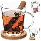 Orion, kubek szklany z zaparzaczem i podstawką bambusową, domki, 3 elementy, 400 ml