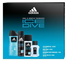 Adidas, Ice Dive, zestaw prezentowy: dezodorant naturalny spray, 75 ml + dezodorant spray, 150 ml + żel pod prysznic 3w1, 250 ml + woda toaletowa, 50 ml