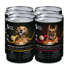 Belly welly, mokra karma mix dla psa, kurczak z warzywami i wołowina z warzywami, 1250g, 6 szt.