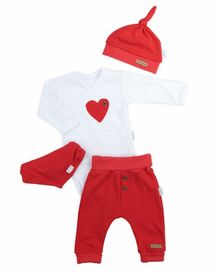 Komplet niemowlęcy, Body z długim rękawem, Spodnie, Czapka, Apaszka, biało-czerwone, Nicol