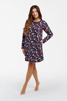 Koszula nocna damska z długim rękawem, granatowa, Cookies, Italian Fashion