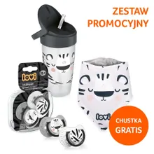 Lovi, Salt&Pepper, zestaw: kubek z rurką, 350 ml + bandamka + smoczek, 18m+