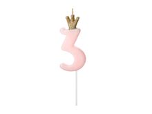 PartyDeco, świeczka urodzinowa, cyferka 3, jasny różowy, 9.5 cm, 1 szt.
