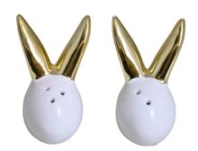 Solniczka + pieprzniczka, ceramiczna, głowa króliczka, biała ze złotymi uszami, 5-4-7 cm