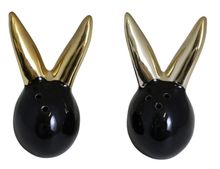 Solniczka + pieprzniczka, ceramiczna, głowa króliczka, czarna ze złotymi uszami, 5-4-7 cm
