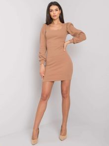 Sukienka damska, prążkowana, beżowa, Rue Paris