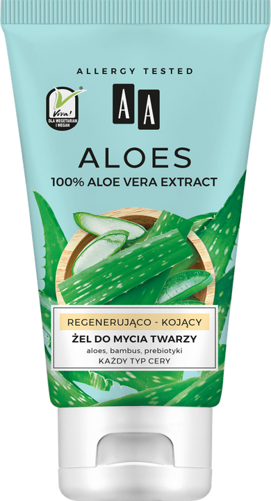 AA, Aloes, 100% żel do mycia twarzy regenerująco-kojący, 150 ml