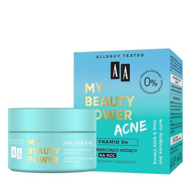 AA, My Beauty Power Acne, krem regenerująco-kojący na noc do cery mieszanej i trądzikowej, 50 ml