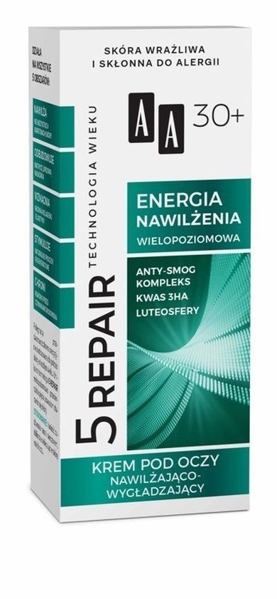 AA, Technologia Wieku, 5Repair 30+ Energia Nawilżenia, krem pod oczy nawilżająco-wygładzający, 15 ml