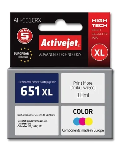 Activejet, tusz do drukarki, AH-651CRX, zamiennik HP 651 C2P11AE, Premium, 18 ml, kolor