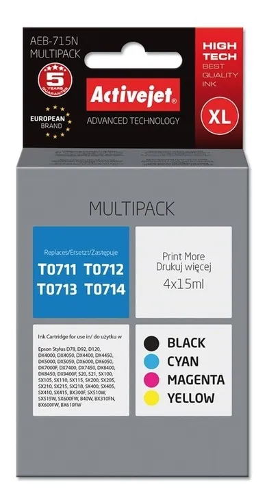 Activejet, tusz do drukarki, zamiennik Epson T0715, Supreme, 4-15 ml, czarny, czerwony, niebieski, żółty, AEB-715N