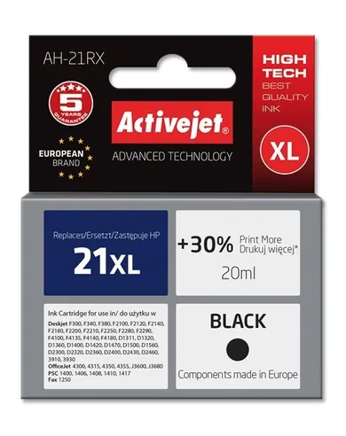 Activejet, tusz do drukarki, zamiennik HP 21XL C9351A, Premium, 20 ml, czarny, AH-21RX