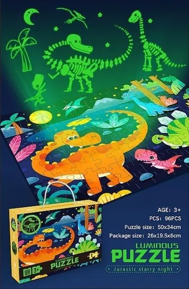 Adar, dinozaury, puzzle świecące w ciemności, 96 elementów
