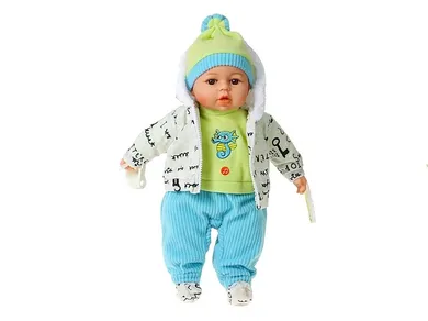 Adar, lalka bobas, niebiesko-szare ubranko, dźwięk, 45 cm