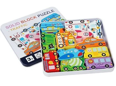 Adar, puzzle drewniane pojazdy w metalowym pudełku