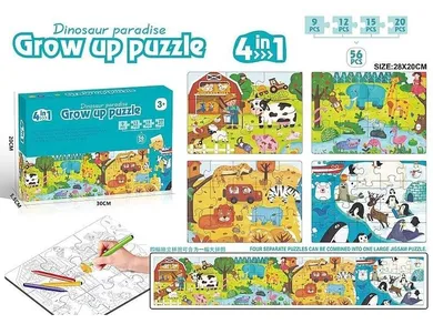 Adar, zwierzęta, puzzle 4w1 do kolorowania z flamastrami, 56 elementów