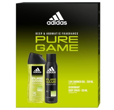 Adidas, Pure Game, zestaw prezentowy: dezodorant spray, 150 ml + żel pod prysznic 3w1, 250ml