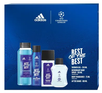 Adidas, UEFA Champions League, Best Of The Best, zestaw prezentowy: woda po goleniu, 100 ml + żel pod prysznic 3w1, 250 ml + deo spray, 150 ml + deo naturalny spray, 75 ml