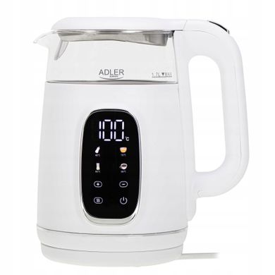 Adler, czajnik elektryczny, szklany, LED z regulacją temperatury, biało-srebrny, 1,7L