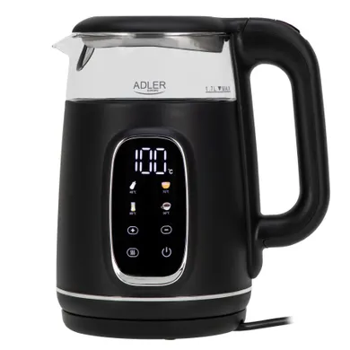 Adler, czajnik elektryczny, szklany, LED z regulacją temperatury, czarno-srebrny, 1,7L
