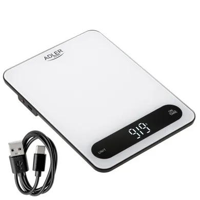 Adler, waga kuchenna, 10 kg, ładowalna przez USB-C, dokładność 1g