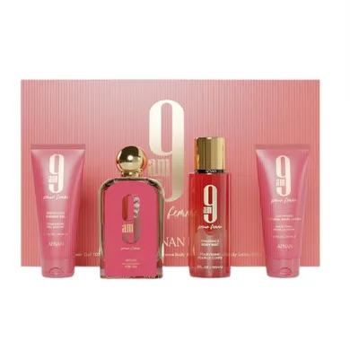 Afnan, 9am Pour Femme, zestaw: woda perfumowana, spray, 100 ml + mgiełka do ciała, 150 ml + balsam do ciała, 100 ml + żel pod prysznic, 100 ml