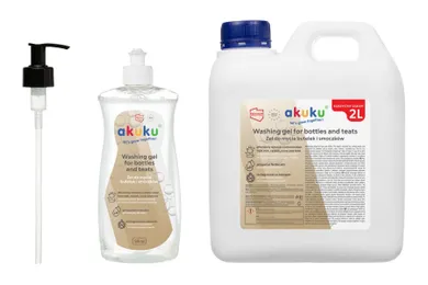 Akuku, zestaw: żel do mycia butelek i smoczków, 500 ml + zapas, 2 l + dozownik