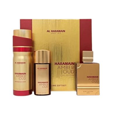 Al Haramain, Amber Oud Ruby Edition, zestaw: woda perfumowana, spray, 75 ml + woda perfumowana, spray, 30 ml + dezodorant, spray, 200 ml