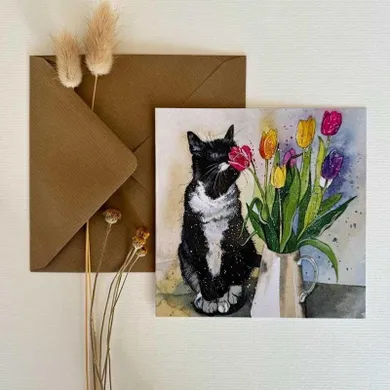 Alex Clark, karnet, kot wąchający tulipany