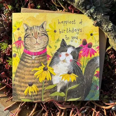 Alex Clark, karnet urodzinowy, 2 koty w kwiatach