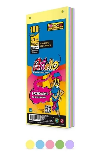 Alfa Pastello, przekładka do segregatora, 1/3 A4, 100 kartek, 5 kolorów