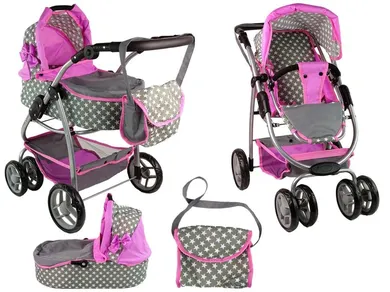 Alice, wózek dla lalek 2w1, spacerówka gondola, torba, gwiazdki, różowy