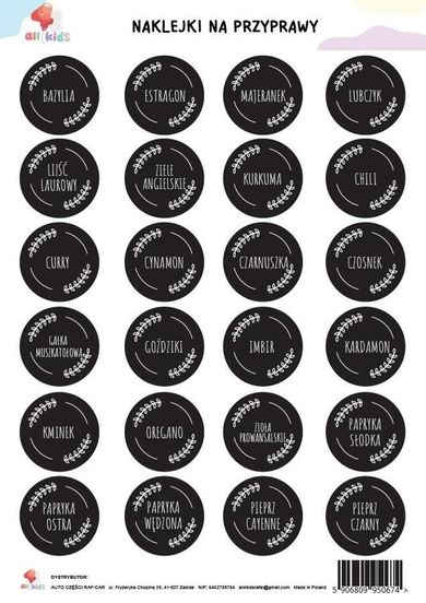 All4Kids, naklejki na przyprawy, czarne, A4