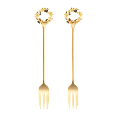 Altom Design, komplet 2 widelczyków do ciasta z ozdobną końcówką, Świąteczny Wianek, złoty