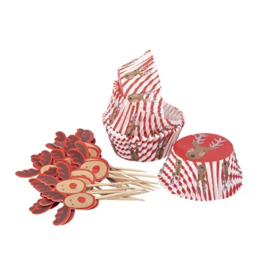 Altom Design, komplet 24 papierowych foremek do babeczek i 24 ozdobnych wykałaczek, renifer