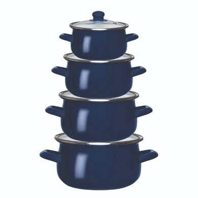 Altom Design, komplet garnków emaliowanych z pokrywami szklanymi, granatowe