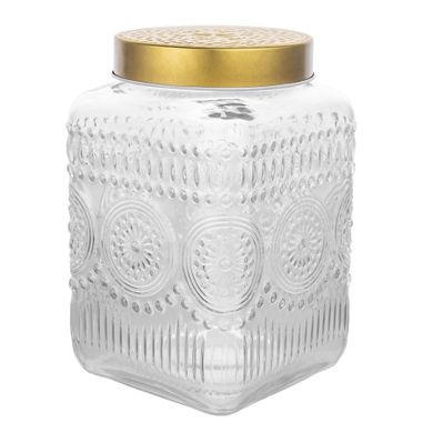 Altom Design, pojemnik szklany kwadratowy z pokrywką w kolorze złota, 12.5-12.5-20 cm, daisy