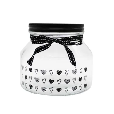 Altom Design, pojemnik szklany z czarną pokrywą i wstążką, serduszka, 1,5l