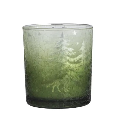 Altom Design, świecznik szklany, mleczny, zielone choinki, 7-7-8 cm
