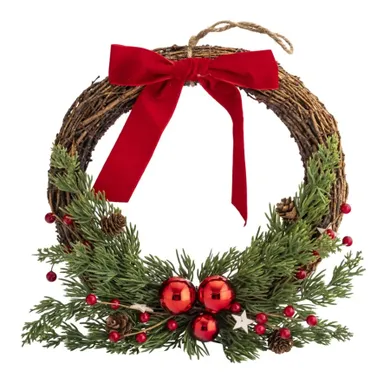 Altom Design, wianek zimowy wiklinowy z gałazkami i czerwona kokardą, 30-30-8 cm