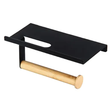 Altom Design, wieszak na papier toaletowy z podstawką pod telefon, metalowy, czarny, 18-10-7,5 cm