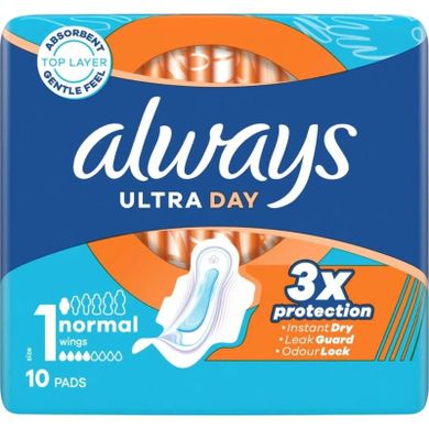 Always, Ultra Day, podpaski ze skrzydełkami, normal, rozmiar 1, 10 szt.