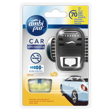 Ambi Pur, Car Anti Tobacco, samochodowy odświeżacz powietrza, zestaw startowy, 7 ml