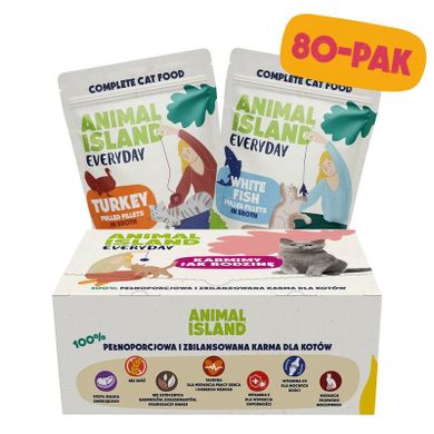 Animal Island, indyk i biała ryba w rosole, karma mokra dla kota, 85g, 80 szt.