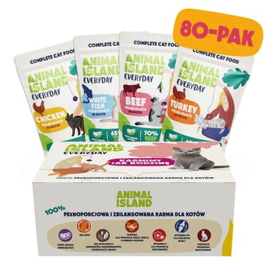 Animal Island, wołowina kurczak indyk ryba, karma mokra dla kota, 85g, 80 szt.