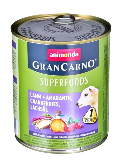 Animonda, Grancarno, Superfoods,k arma mokra dla psa, jagnięcina, amarantus, żurawina, olej z łososia, 800g