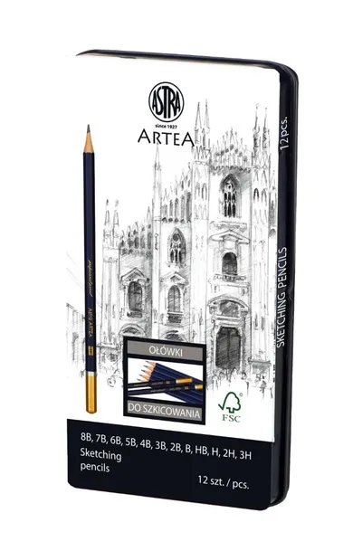 Artea, zestaw ołówków do szkicowania mix, 12 szt. w metalowym pudełku