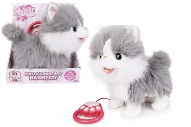 Artyk, kot chodzący na smyczy, zabawka interaktywna, biało szary